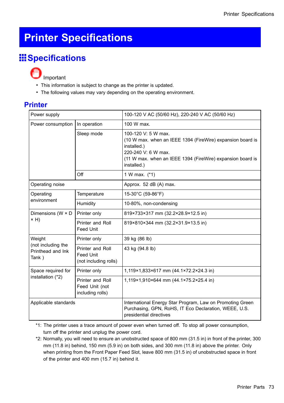 Printer specifications, Specifications, Printer specications | Specications, Printer | Canon imagePROGRAF iPF510 User Manual | Page 87 / 724
