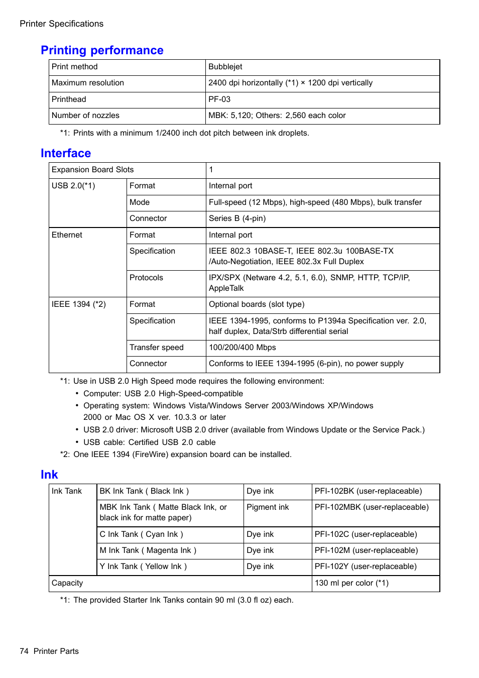 Printing performance, Interface | Canon imagePROGRAF iPF510 User Manual | Page 88 / 724