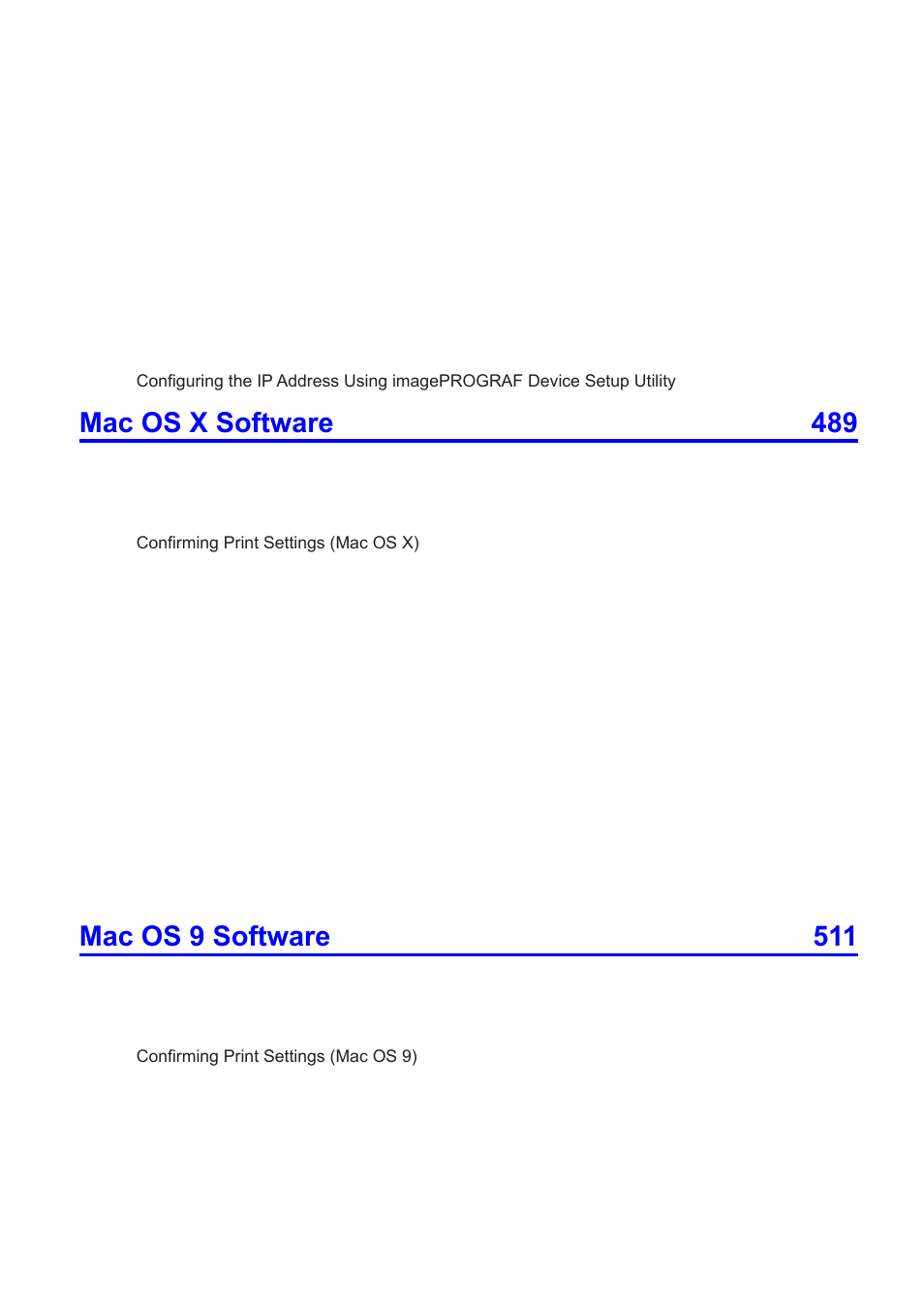 Mac os x software 489, Mac os 9 software 511 | Canon imagePROGRAF iPF510 User Manual | Page 9 / 724