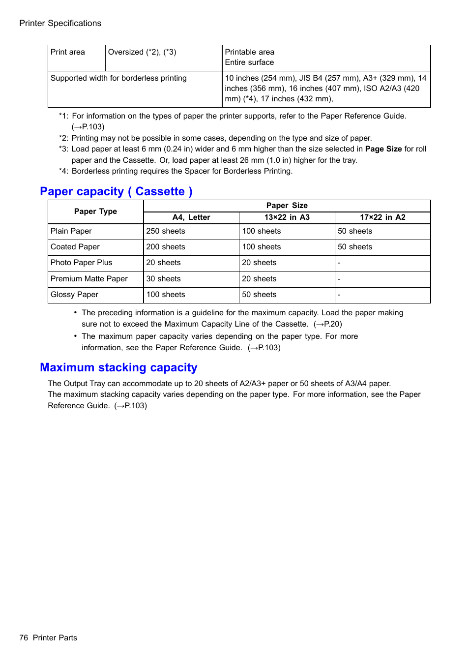 Paper capacity ( cassette ), Maximum stacking capacity | Canon imagePROGRAF iPF510 User Manual | Page 90 / 724