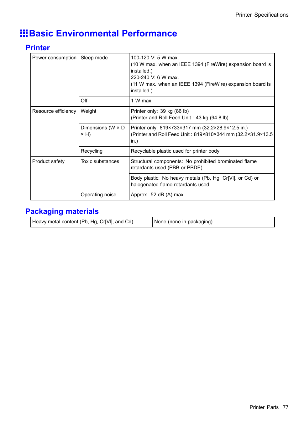 Basic environmental performance, Printer, Packaging materials | Canon imagePROGRAF iPF510 User Manual | Page 91 / 724