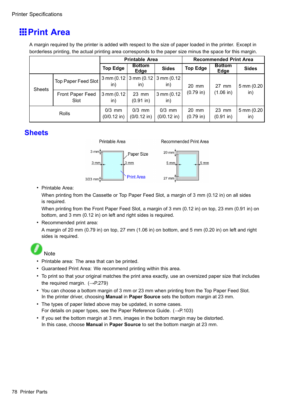 Print area, Sheets | Canon imagePROGRAF iPF510 User Manual | Page 92 / 724