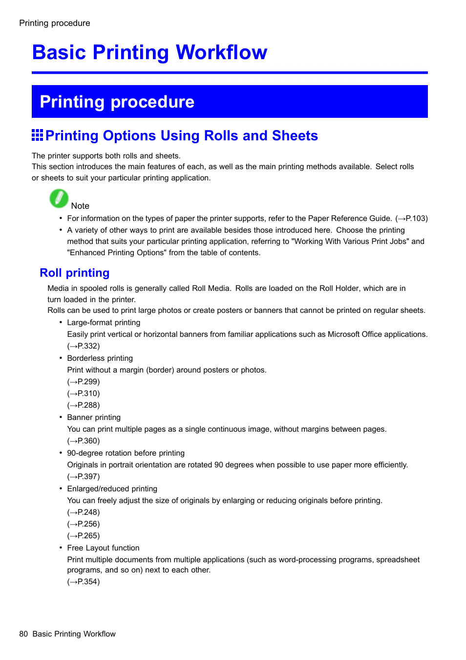 Basic printing workflow, Printing procedure, Printing options using rolls and sheets | Basic printing workow, Roll printing | Canon imagePROGRAF iPF510 User Manual | Page 94 / 724
