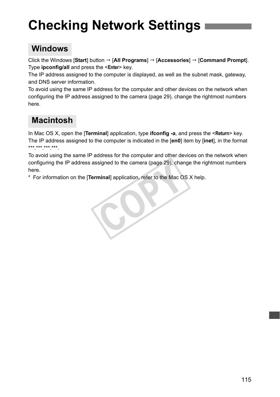 Checking network settings, Windows, Macintosh | Cop y | Canon Wireless Transmitter WFT-E5A User Manual | Page 115 / 132