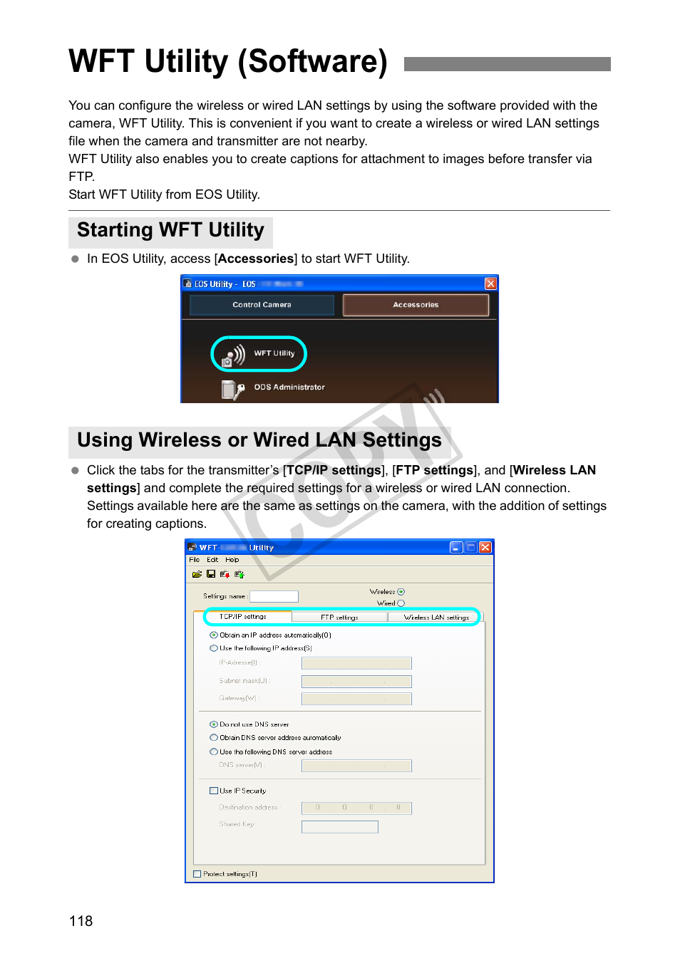 Wft utility (software), Starting wft utility, Using wireless or wired lan settings | Cop y | Canon Wireless Transmitter WFT-E5A User Manual | Page 118 / 132