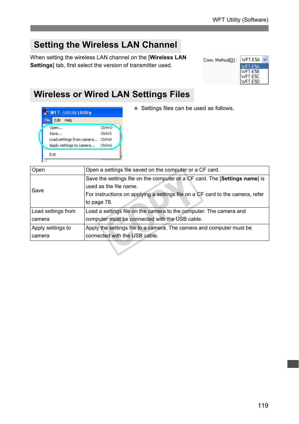 Setting the wireless lan channel, Wireless or wired lan settings files, Cop y | Canon Wireless Transmitter WFT-E5A User Manual | Page 119 / 132