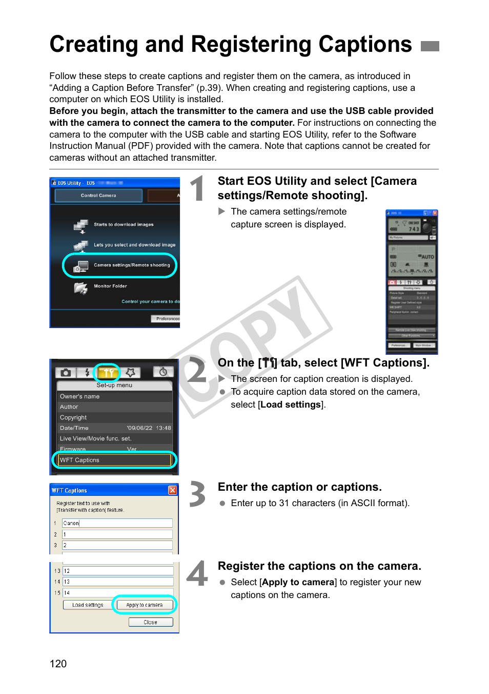 Creating and registering captions, Cop y | Canon Wireless Transmitter WFT-E5A User Manual | Page 120 / 132