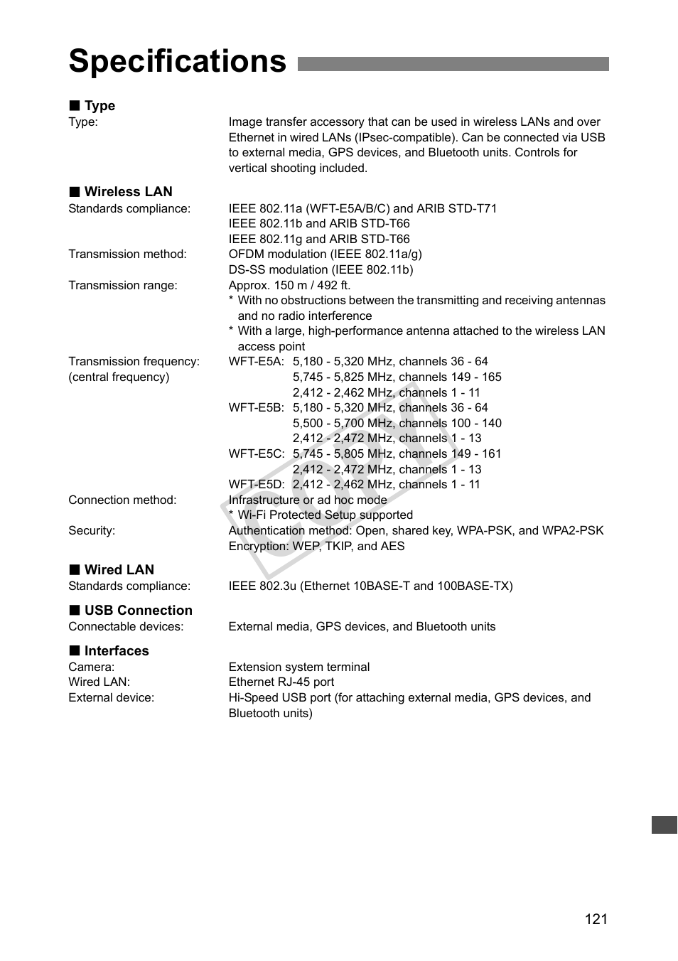 Specifications, Cop y | Canon Wireless Transmitter WFT-E5A User Manual | Page 121 / 132