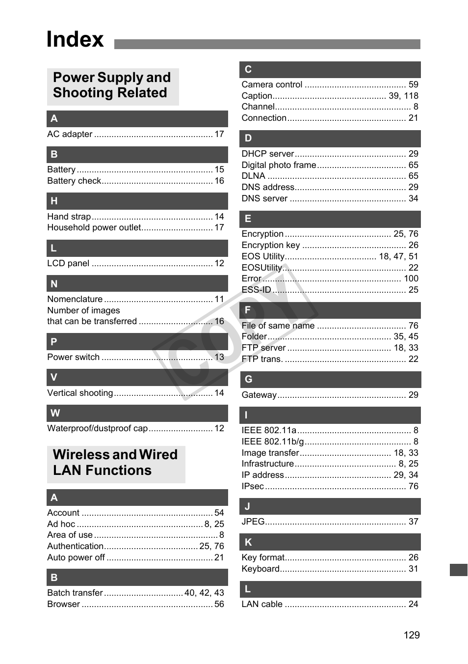 Index, C op y | Canon Wireless Transmitter WFT-E5A User Manual | Page 129 / 132