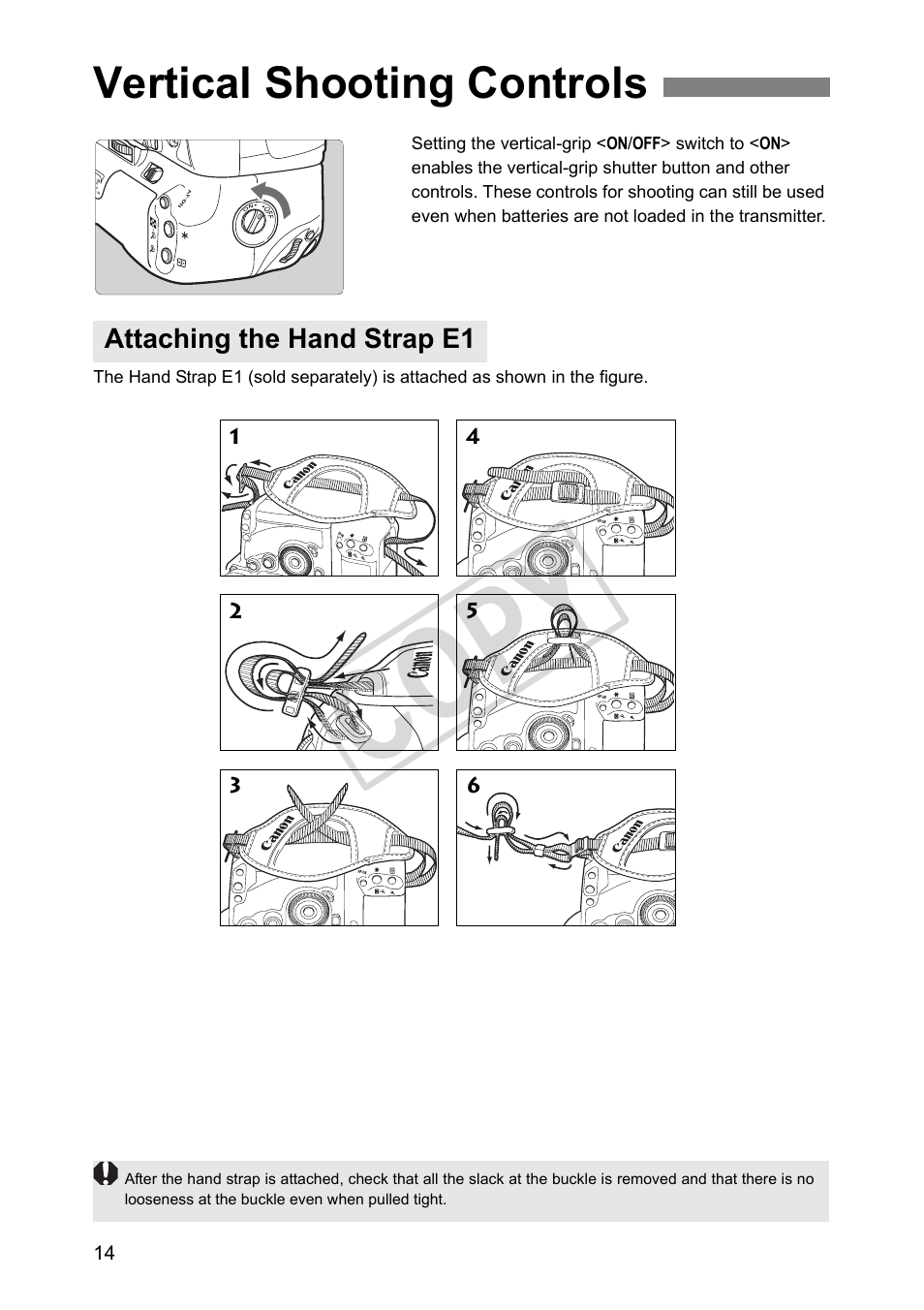 Vertical shooting controls, Attaching the hand strap e1, Cop y | Canon Wireless Transmitter WFT-E5A User Manual | Page 14 / 132