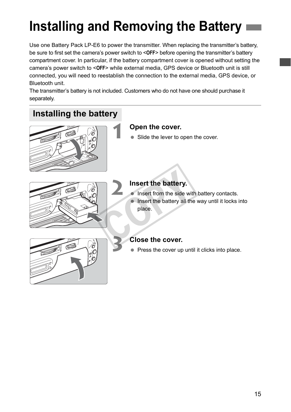 Installing and removing the battery, Installing the battery, Cop y | Canon Wireless Transmitter WFT-E5A User Manual | Page 15 / 132