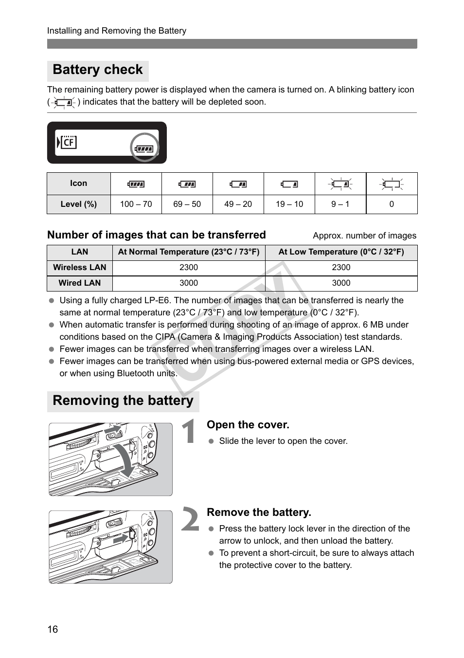 Battery check, Removing the battery, Cop y | Canon Wireless Transmitter WFT-E5A User Manual | Page 16 / 132