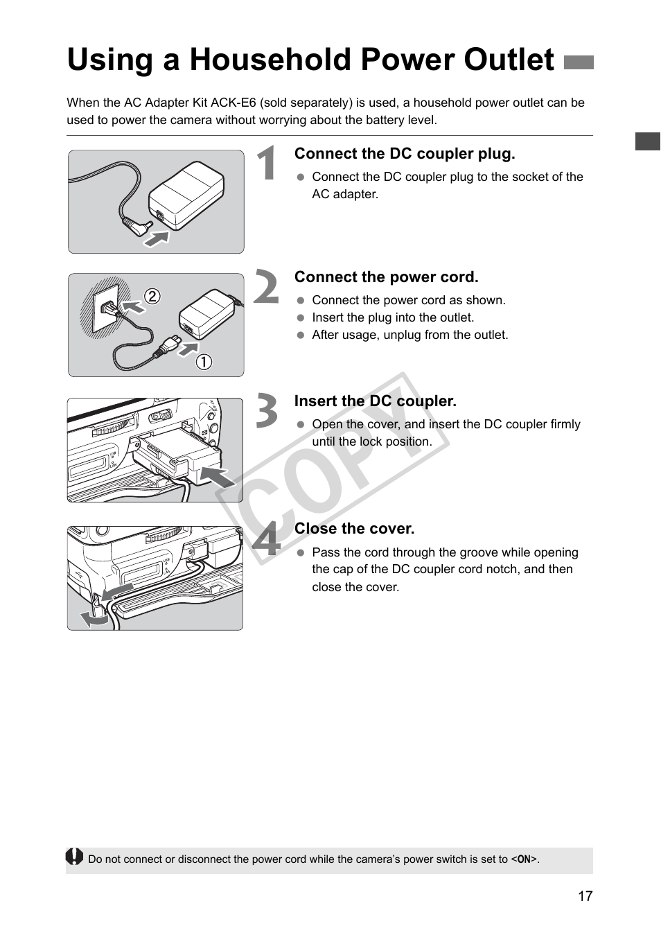 Using a household power outlet, Cop y | Canon Wireless Transmitter WFT-E5A User Manual | Page 17 / 132