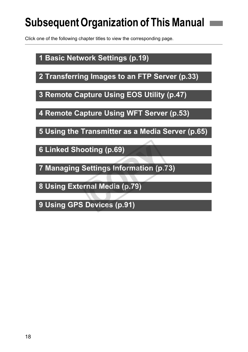 Subsequent organization of this manual, C op y | Canon Wireless Transmitter WFT-E5A User Manual | Page 18 / 132
