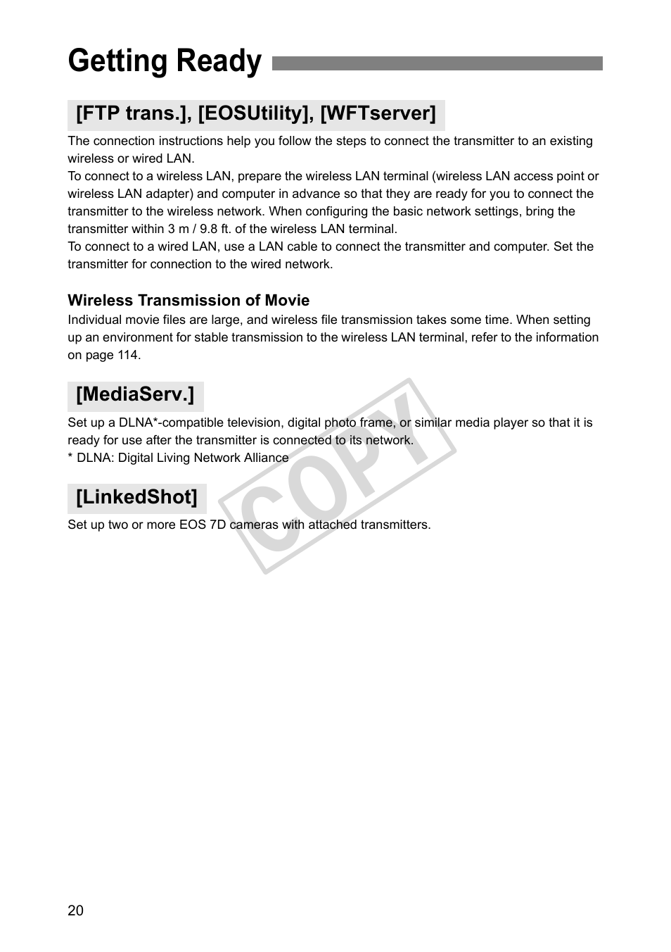 Getting ready, Ftp trans.], [eosutility], [wftserver, Mediaserv | Linkedshot, Cop y | Canon Wireless Transmitter WFT-E5A User Manual | Page 20 / 132