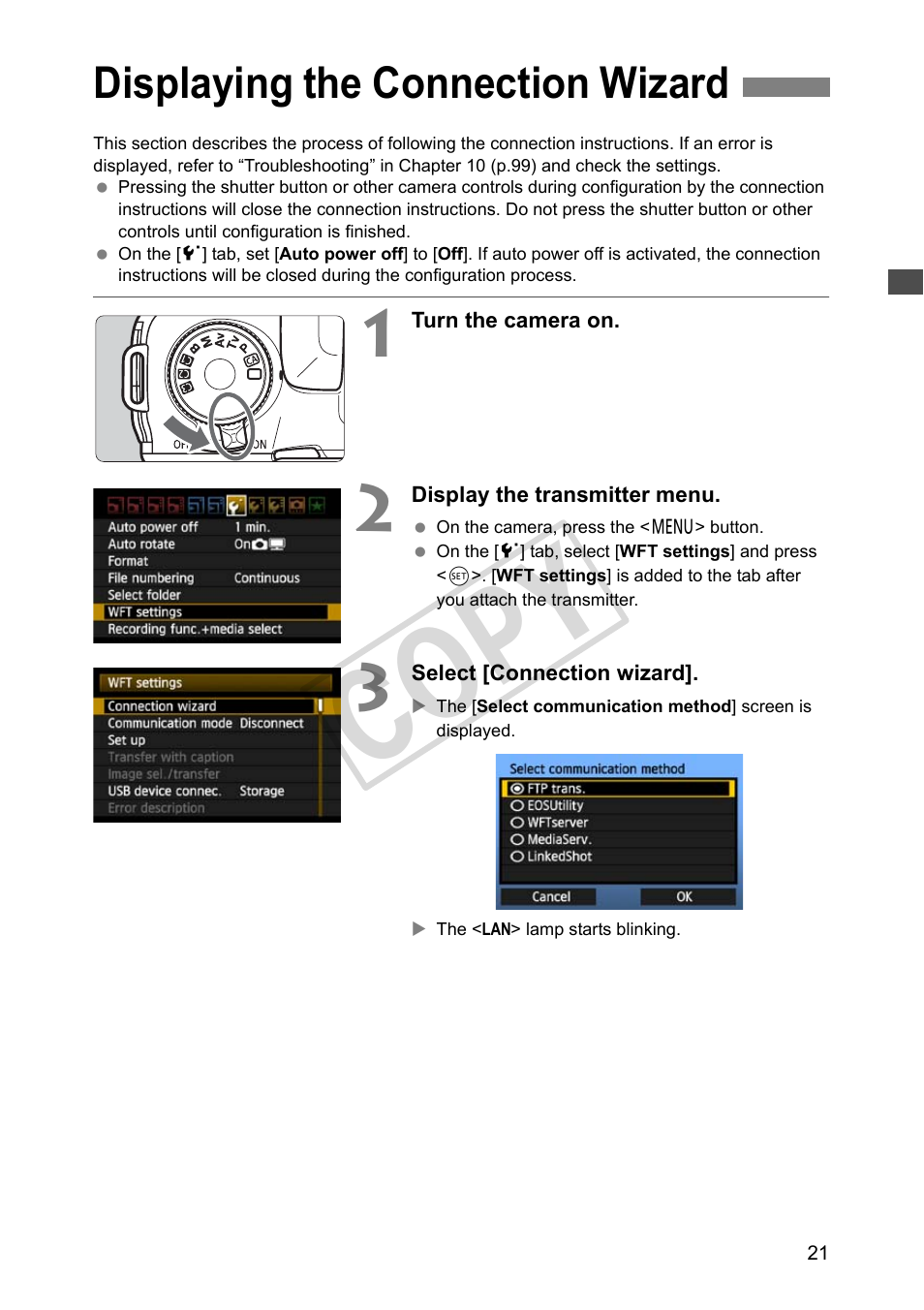 Displaying the connection wizard, Cop y | Canon Wireless Transmitter WFT-E5A User Manual | Page 21 / 132