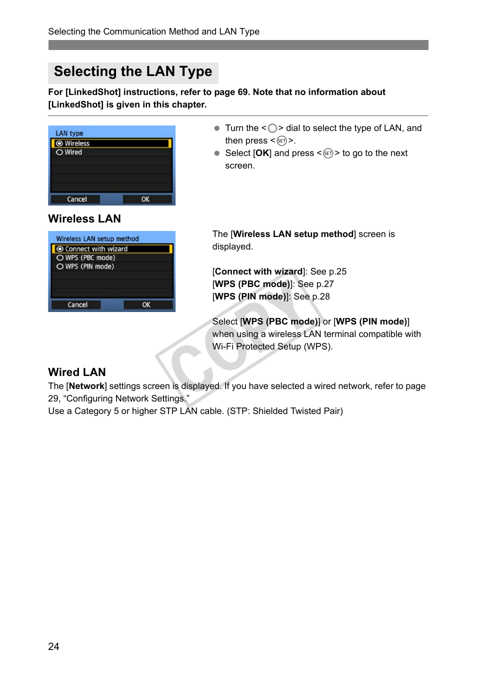 Selecting the lan type, Cop y | Canon Wireless Transmitter WFT-E5A User Manual | Page 24 / 132