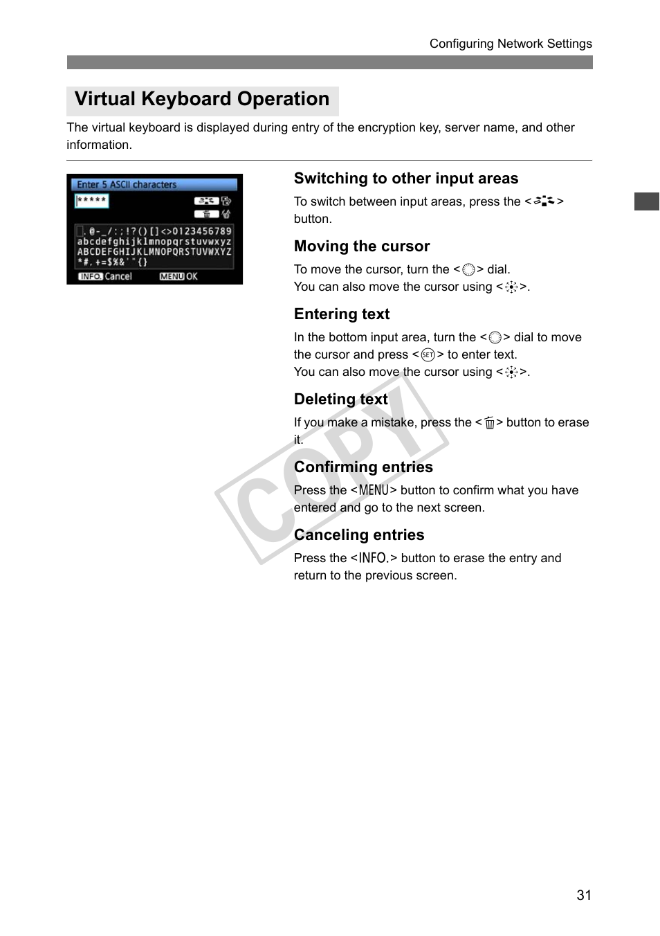 Virtual keyboard operation, Cop y | Canon Wireless Transmitter WFT-E5A User Manual | Page 31 / 132