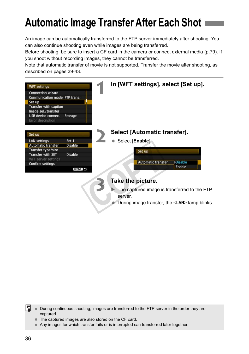 Automatic image transfer after each shot, Cop y | Canon Wireless Transmitter WFT-E5A User Manual | Page 36 / 132