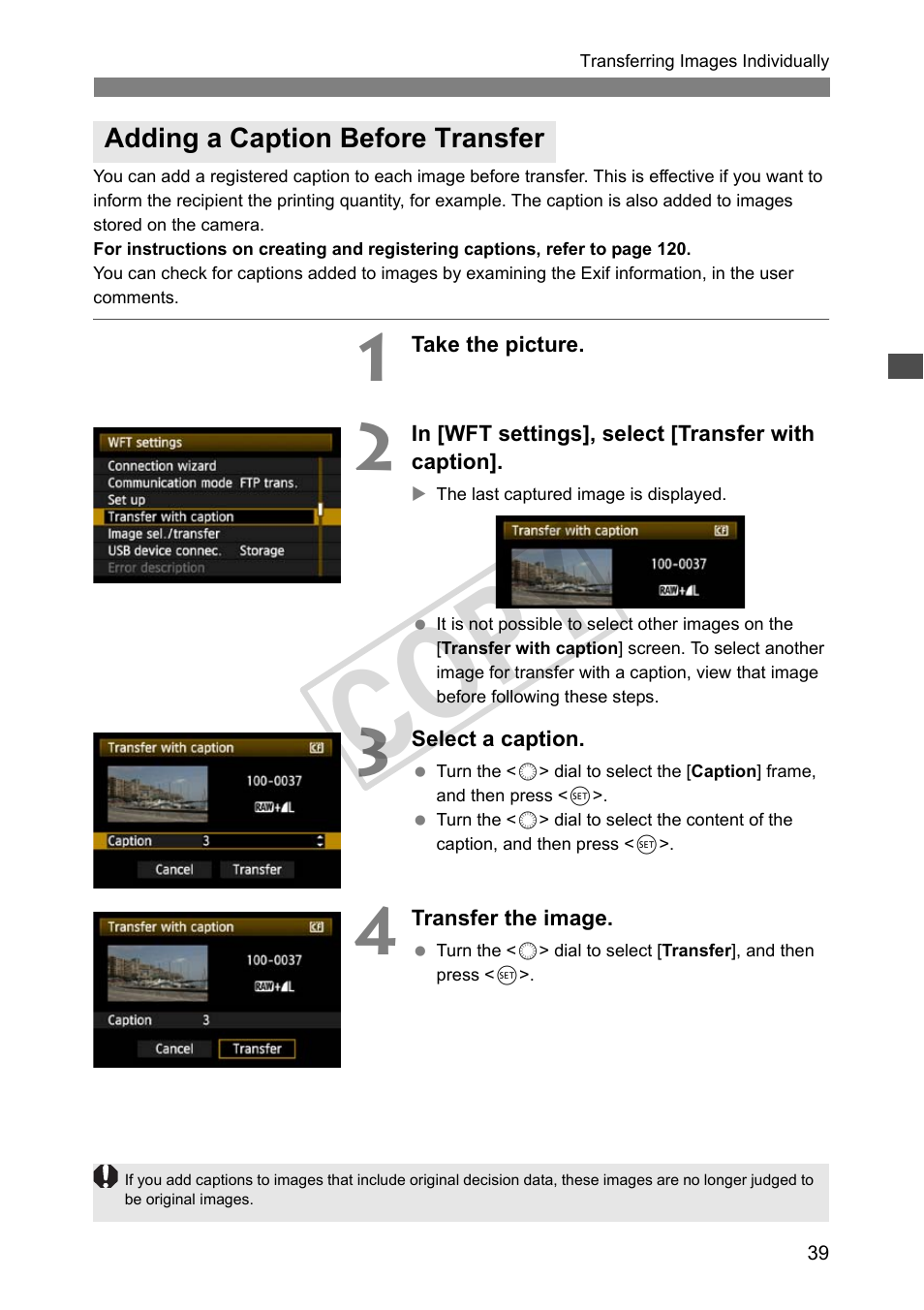 Adding a caption before transfer, Cop y | Canon Wireless Transmitter WFT-E5A User Manual | Page 39 / 132