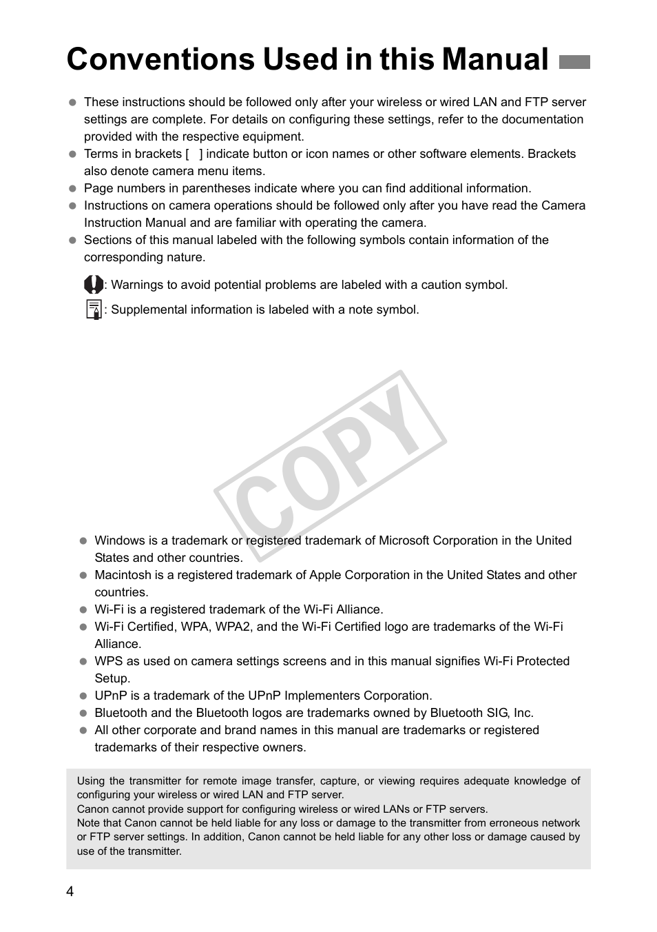 Conventions used in this manual, Cop y | Canon Wireless Transmitter WFT-E5A User Manual | Page 4 / 132