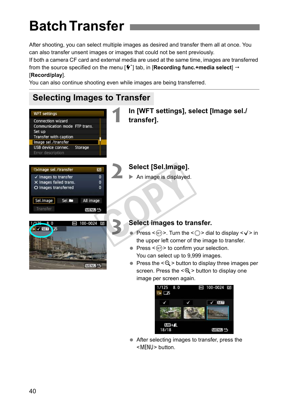 Batch transfer, Selecting images to transfer, Cop y | Canon Wireless Transmitter WFT-E5A User Manual | Page 40 / 132