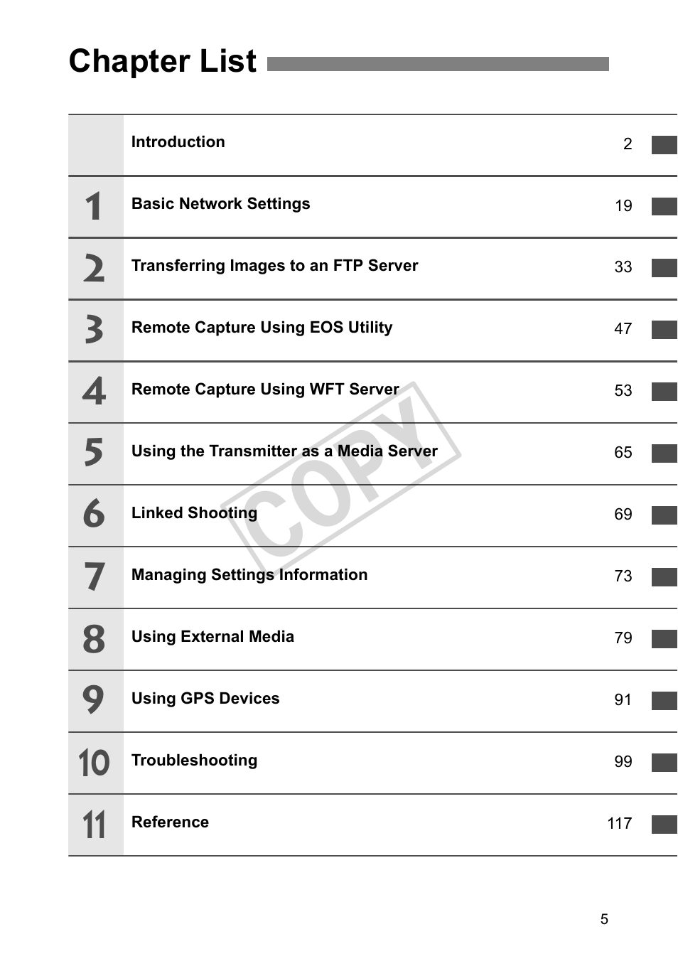 Chapter list, Cop y | Canon Wireless Transmitter WFT-E5A User Manual | Page 5 / 132