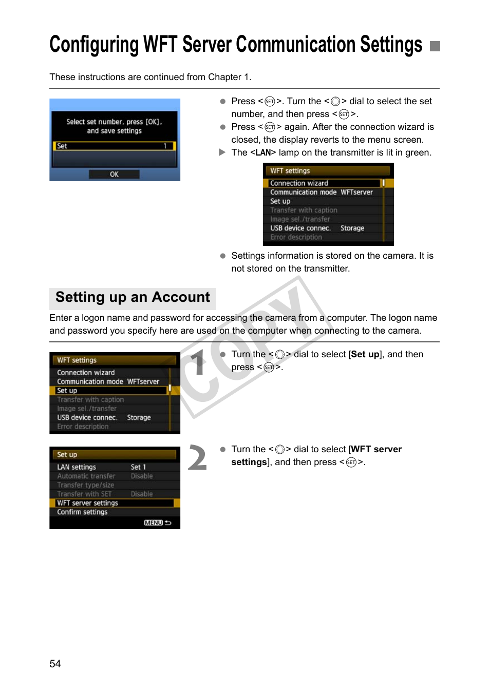 Configuring wft server communication settings, Setting up an account, Cop y | Canon Wireless Transmitter WFT-E5A User Manual | Page 54 / 132