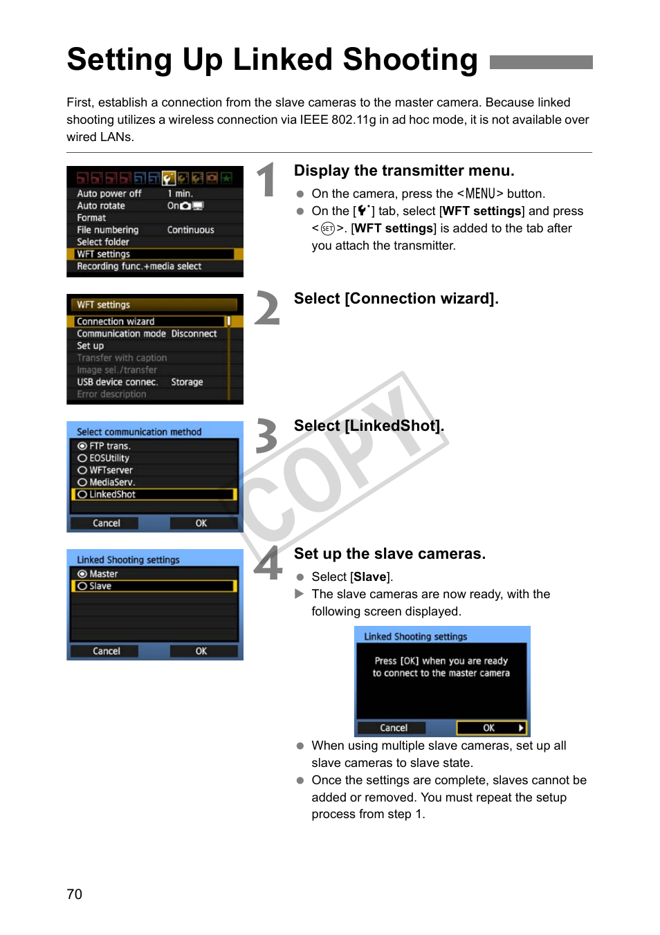 Setting up linked shooting, Cop y | Canon Wireless Transmitter WFT-E5A User Manual | Page 70 / 132