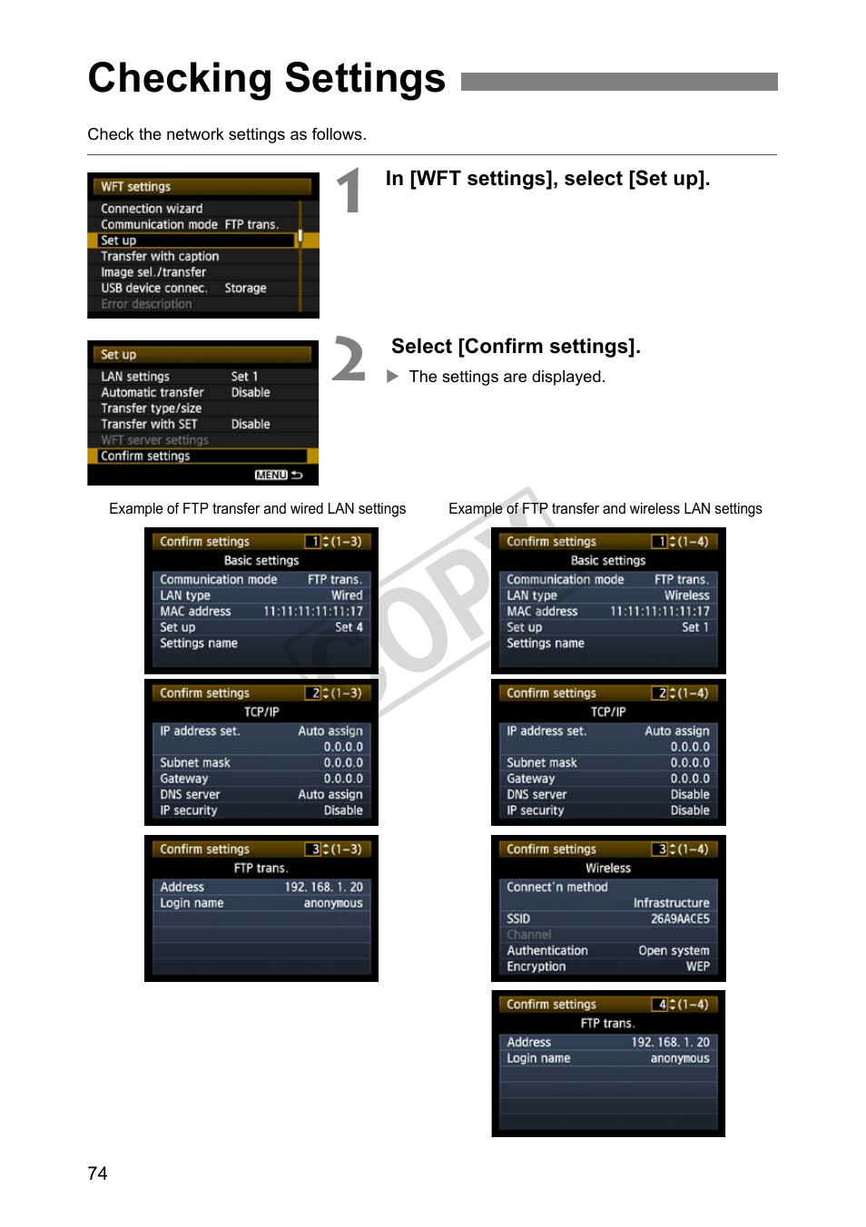 Checking settings, Cop y | Canon Wireless Transmitter WFT-E5A User Manual | Page 74 / 132