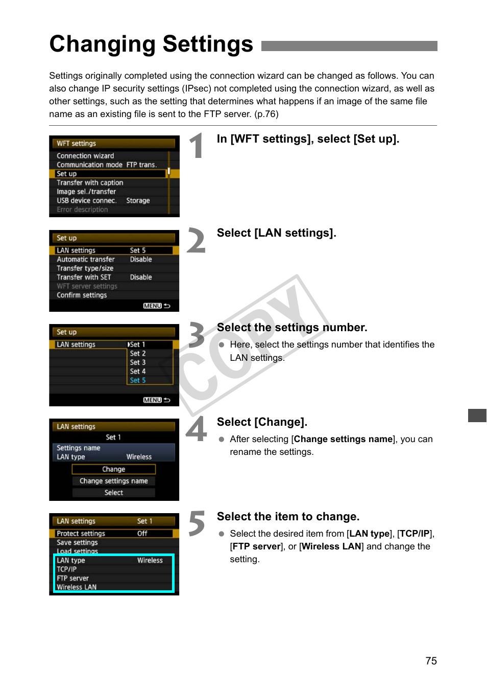 Changing settings, Cop y | Canon Wireless Transmitter WFT-E5A User Manual | Page 75 / 132