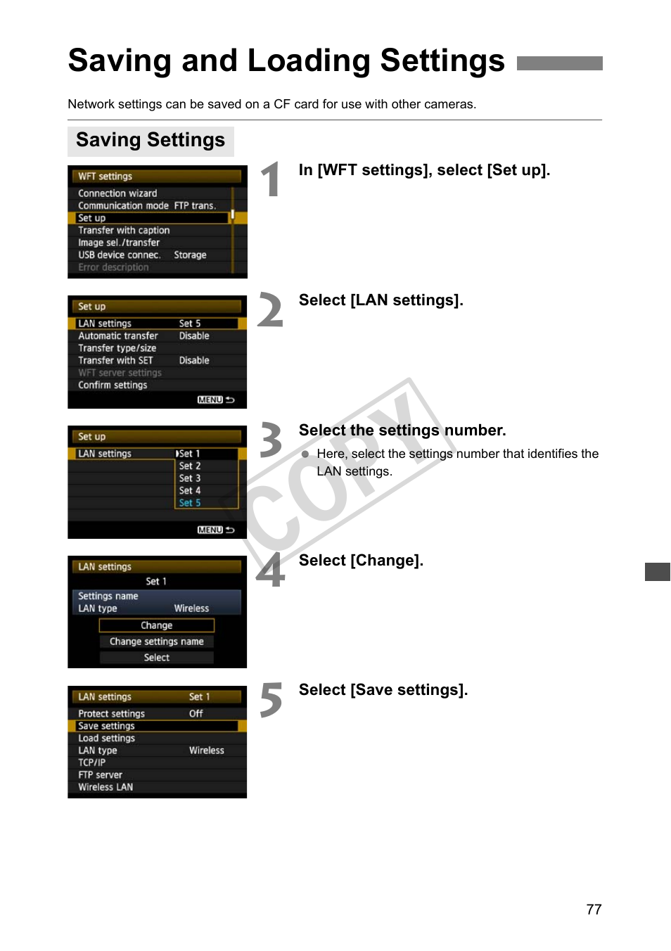 Saving and loading settings, Saving settings, Cop y | Canon Wireless Transmitter WFT-E5A User Manual | Page 77 / 132