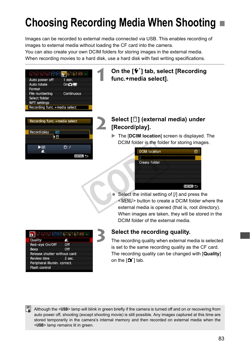 Choosing recording media when shooting, Cop y | Canon Wireless Transmitter WFT-E5A User Manual | Page 83 / 132