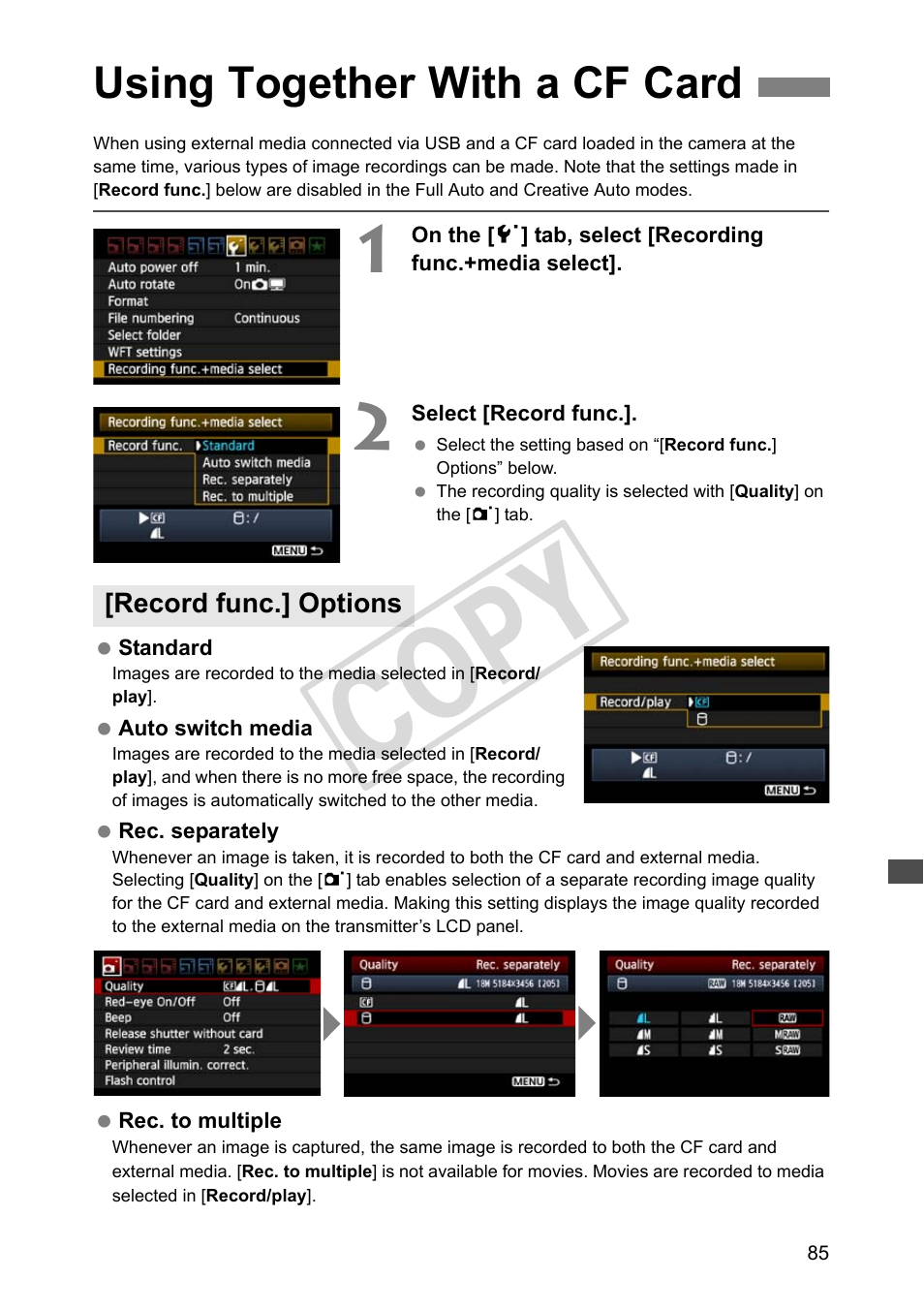 Using together with a cf card, Record func.] options, Cop y | Canon Wireless Transmitter WFT-E5A User Manual | Page 85 / 132