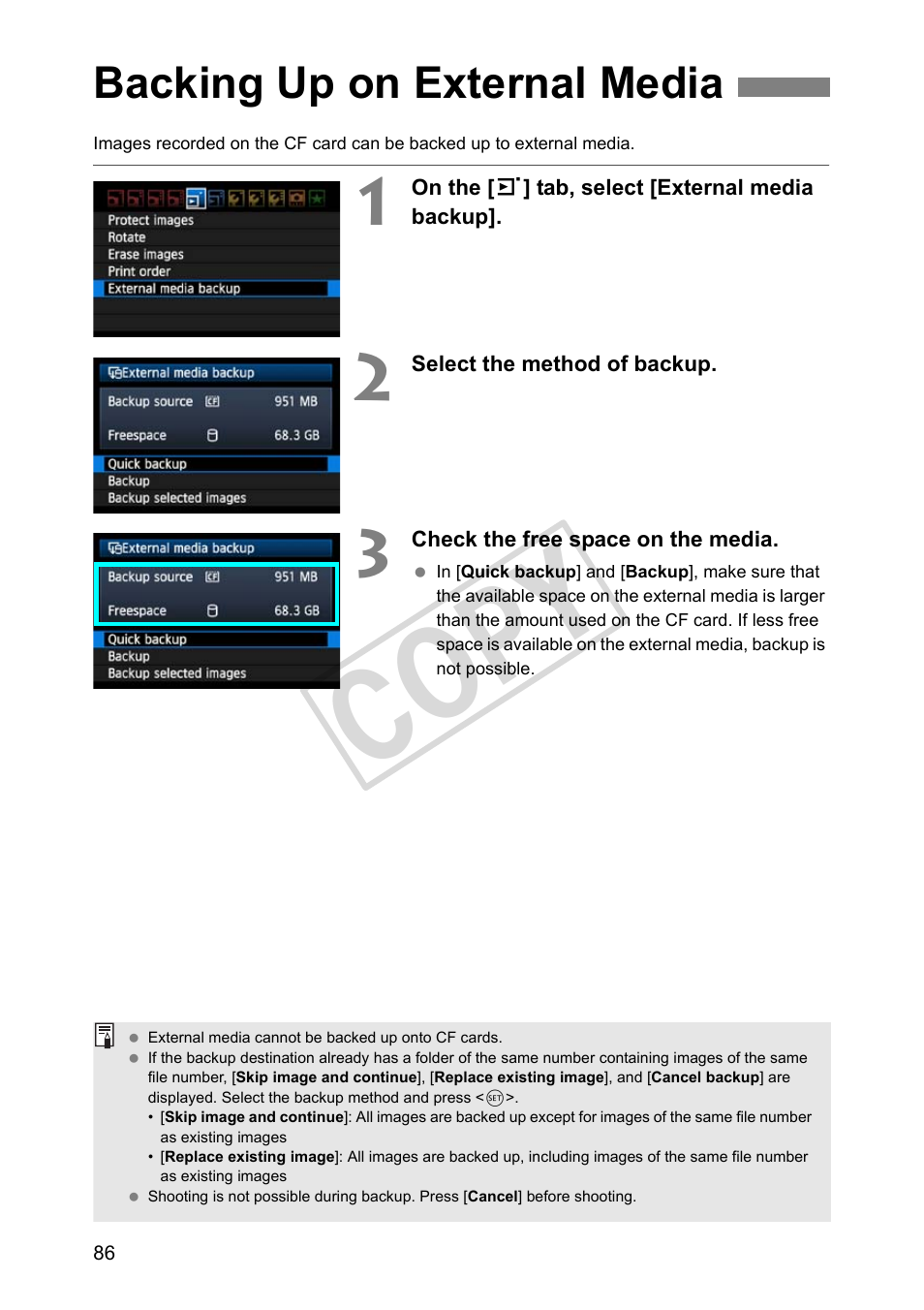 Backing up on external media, Cop y | Canon Wireless Transmitter WFT-E5A User Manual | Page 86 / 132