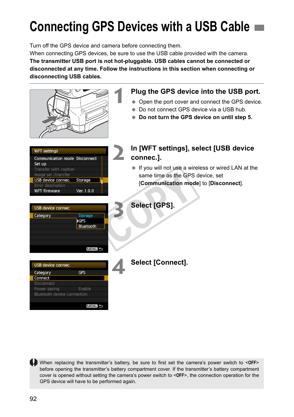 Connecting gps devices with a usb cable, Cop y | Canon Wireless Transmitter WFT-E5A User Manual | Page 92 / 132