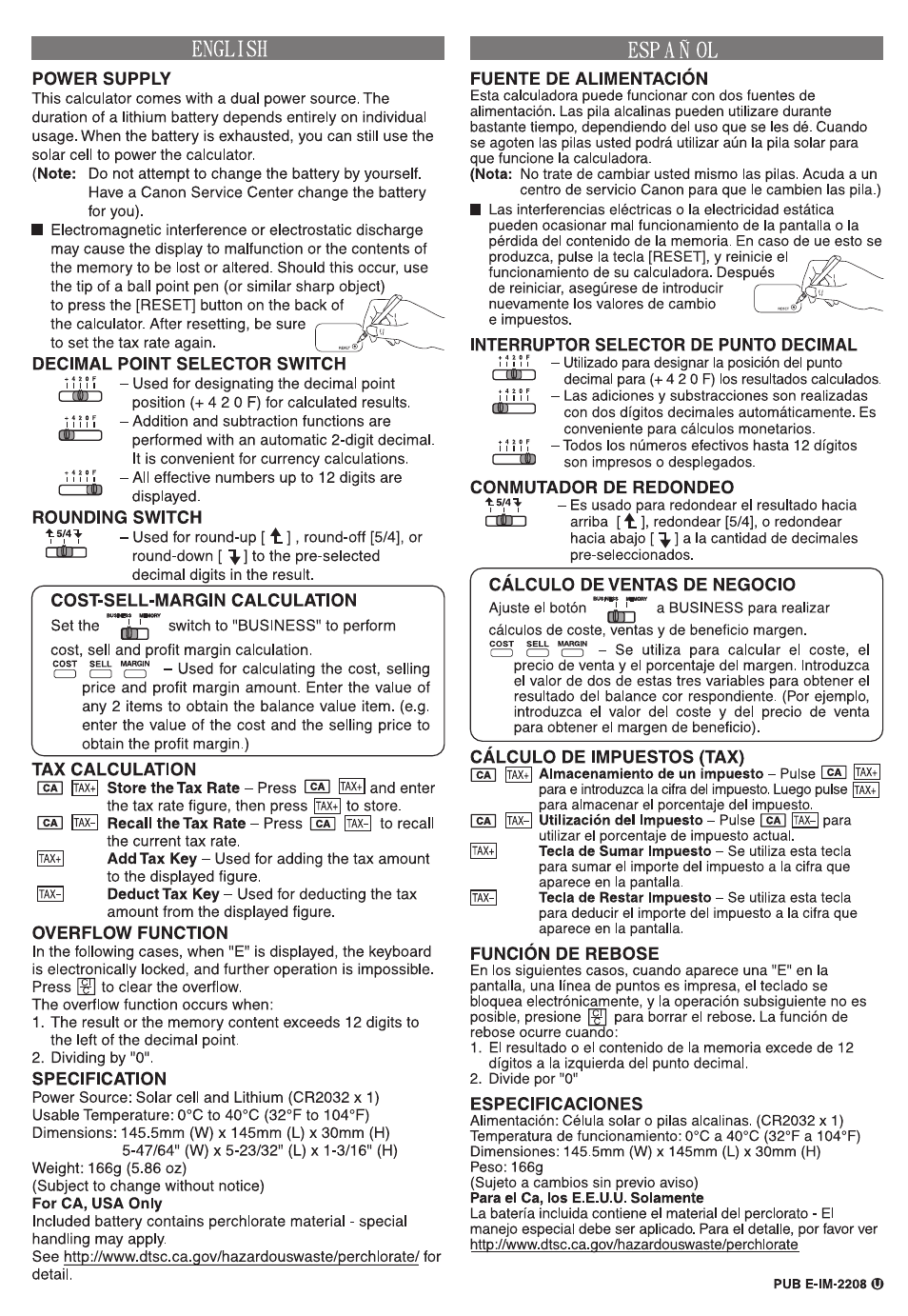 English, Power supply, Decimal point selector switch | Rounding switch, Cost-sell-margin calculation, Tax calculation, Overflow function, Specification, Español, Fuente de alimentacion | Canon TX-220TS User Manual | Page 2 / 2