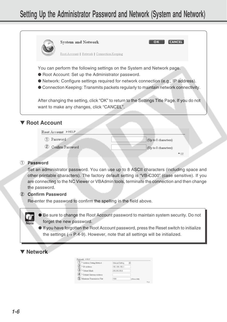 Root account, Network | Canon VB-C300 User Manual | Page 12 / 95