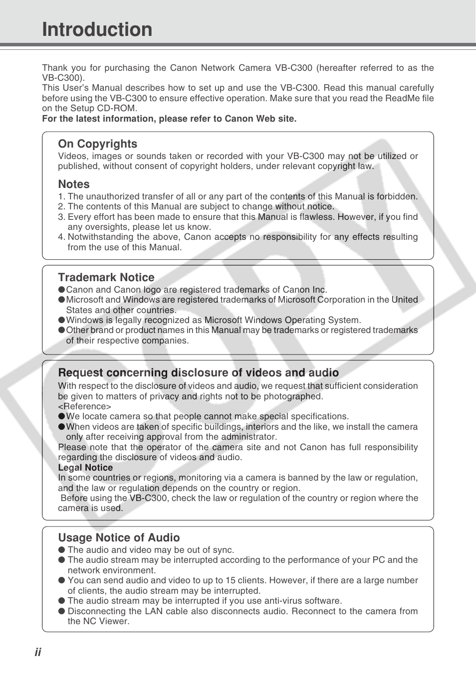 Introduction | Canon VB-C300 User Manual | Page 2 / 95