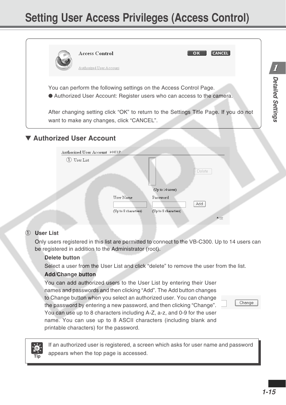 Setting user access privileges (access control) | Canon VB-C300 User Manual | Page 21 / 95