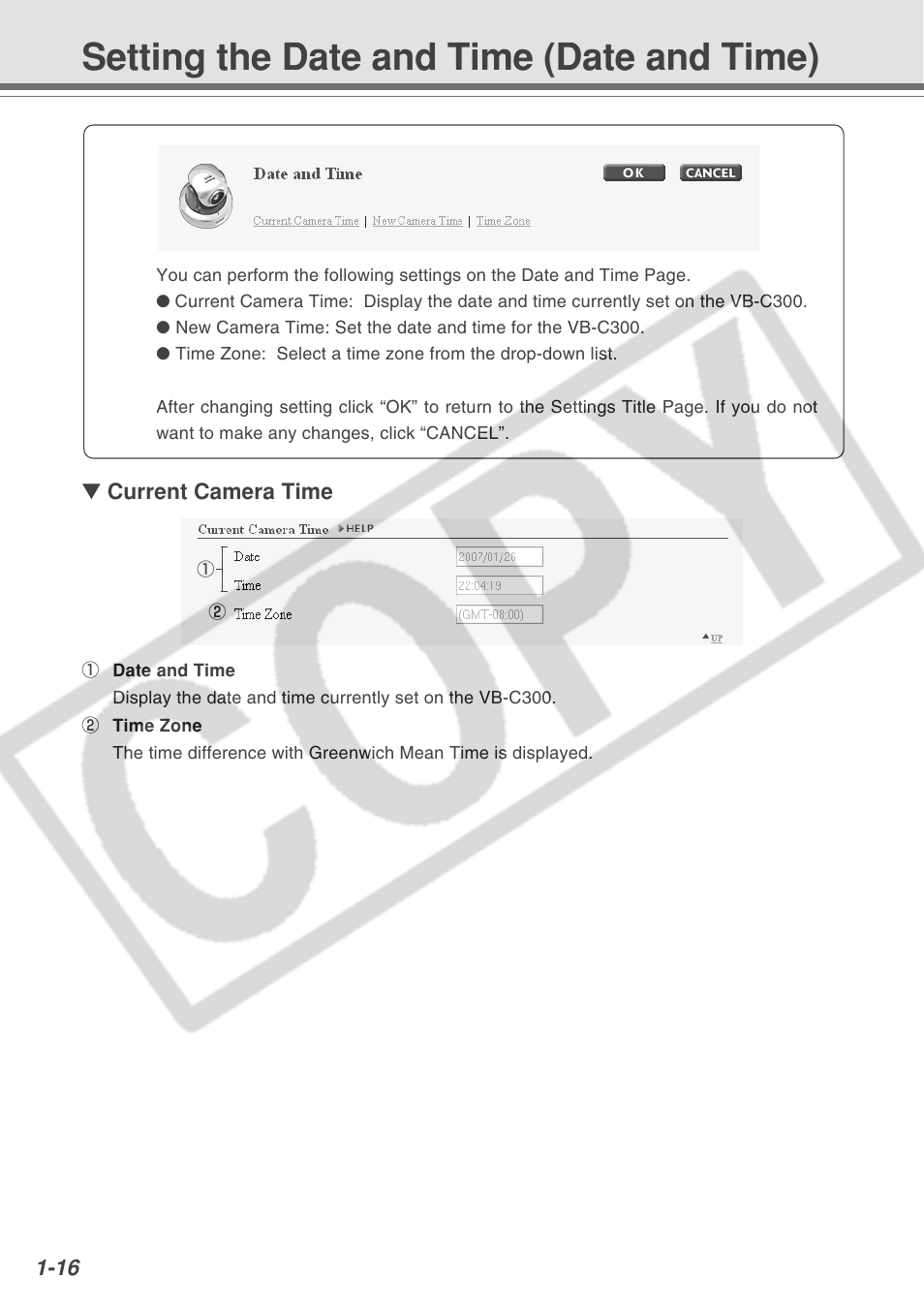 Setting the date and time (date and time) | Canon VB-C300 User Manual | Page 22 / 95