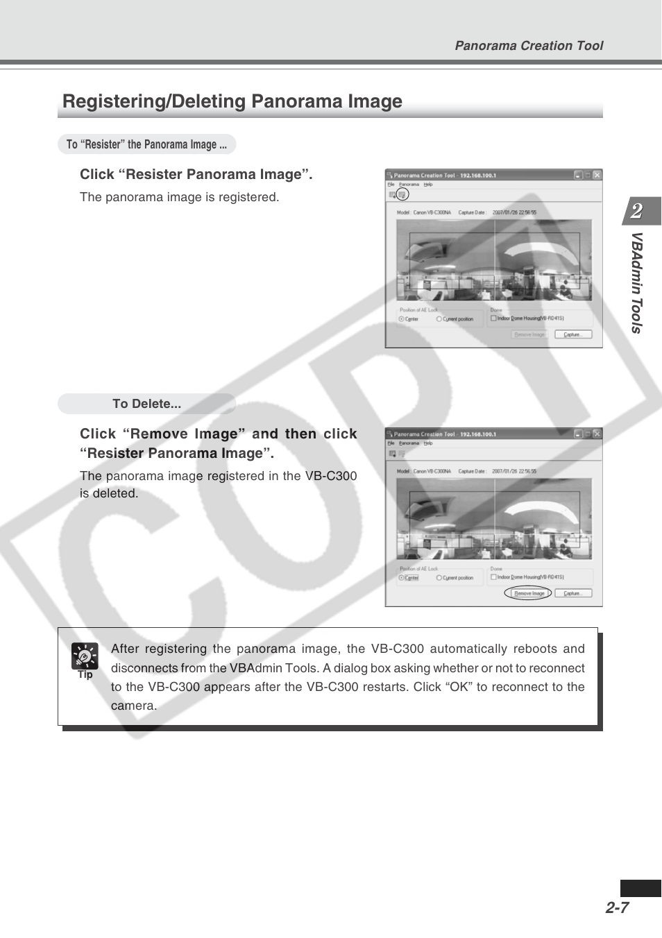 Registering/deleting panorama image | Canon VB-C300 User Manual | Page 33 / 95