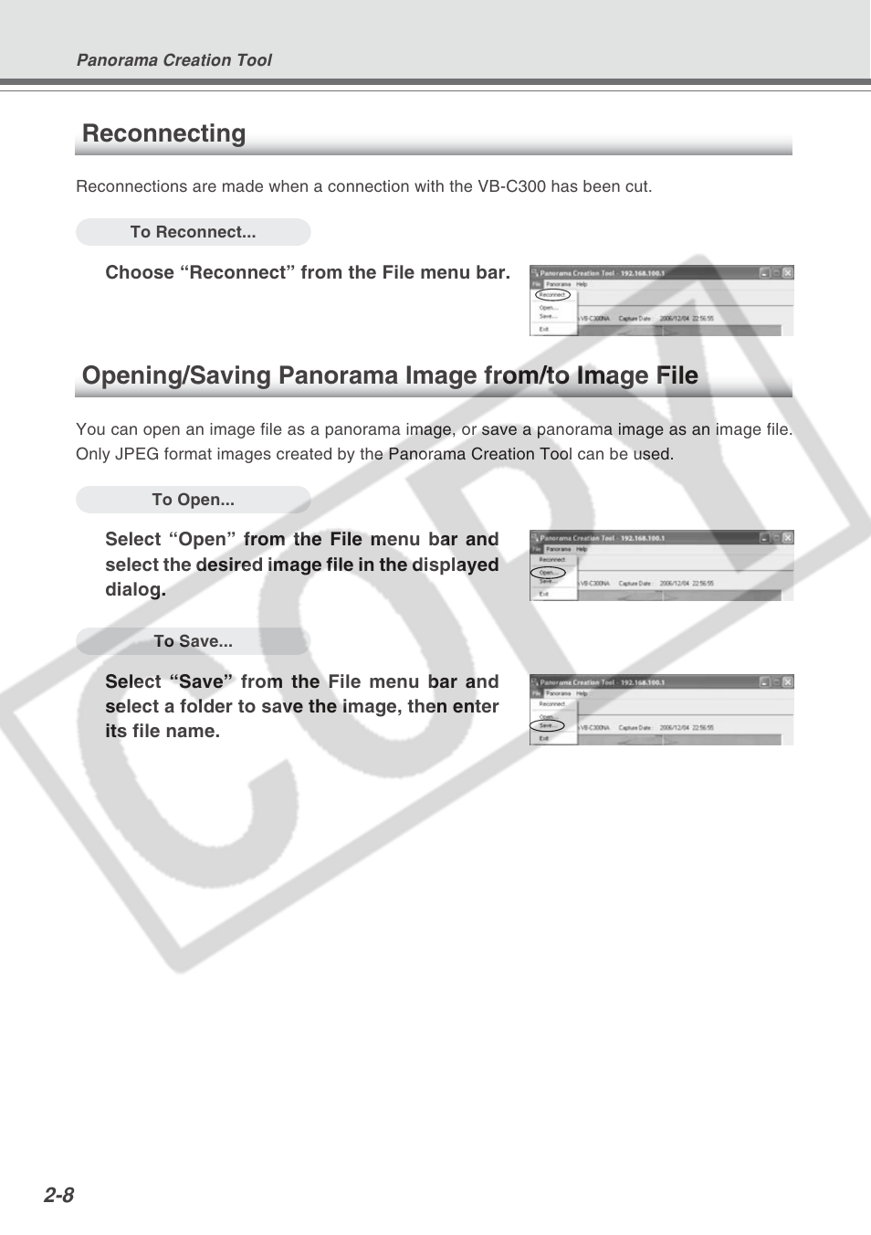 Reconnecting, Opening/saving panorama image from/to image file | Canon VB-C300 User Manual | Page 34 / 95