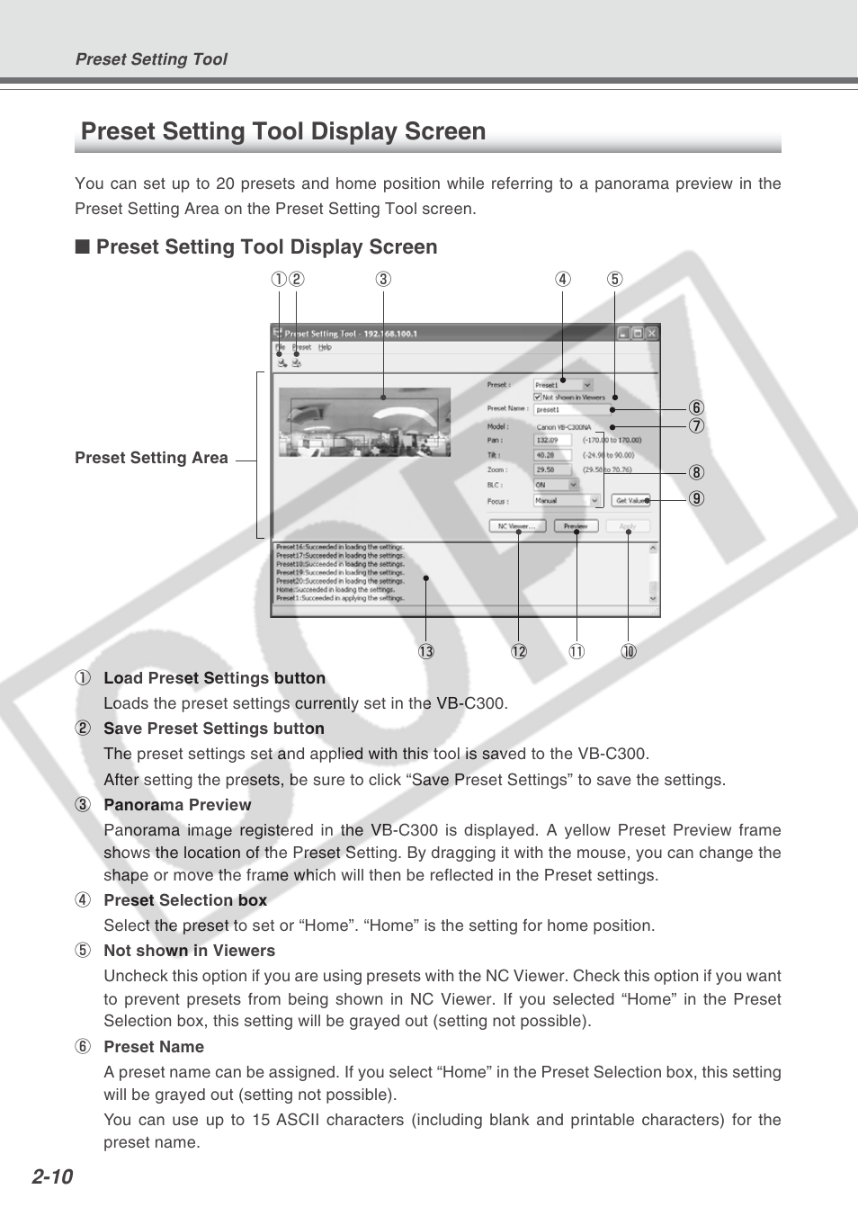 Preset setting tool display screen | Canon VB-C300 User Manual | Page 36 / 95