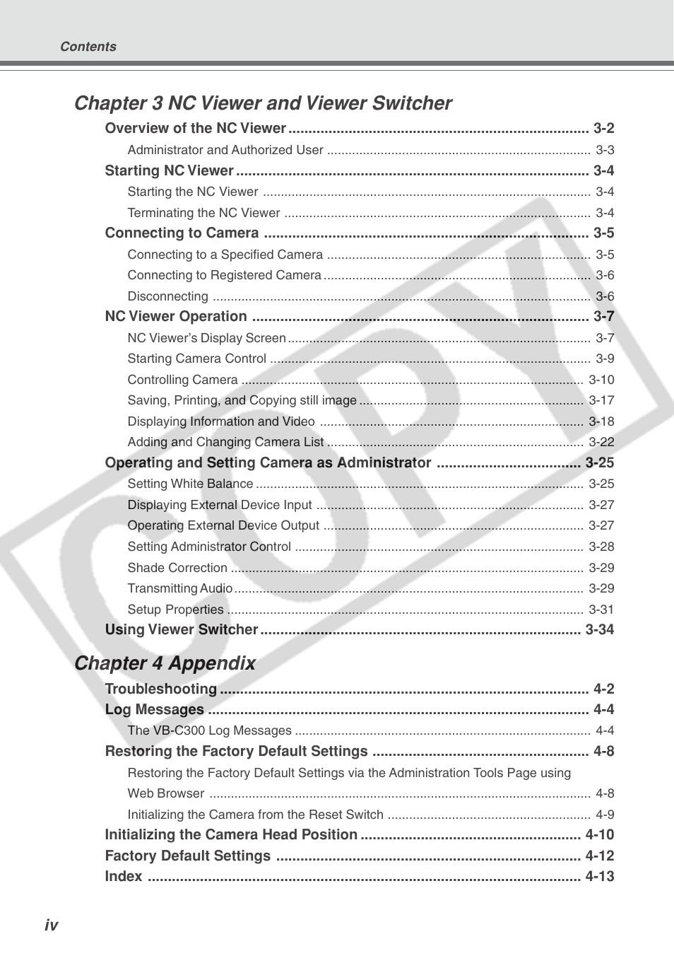 Chapter 3 nc viewer and viewer switcher, Chapter 4 appendix | Canon VB-C300 User Manual | Page 4 / 95