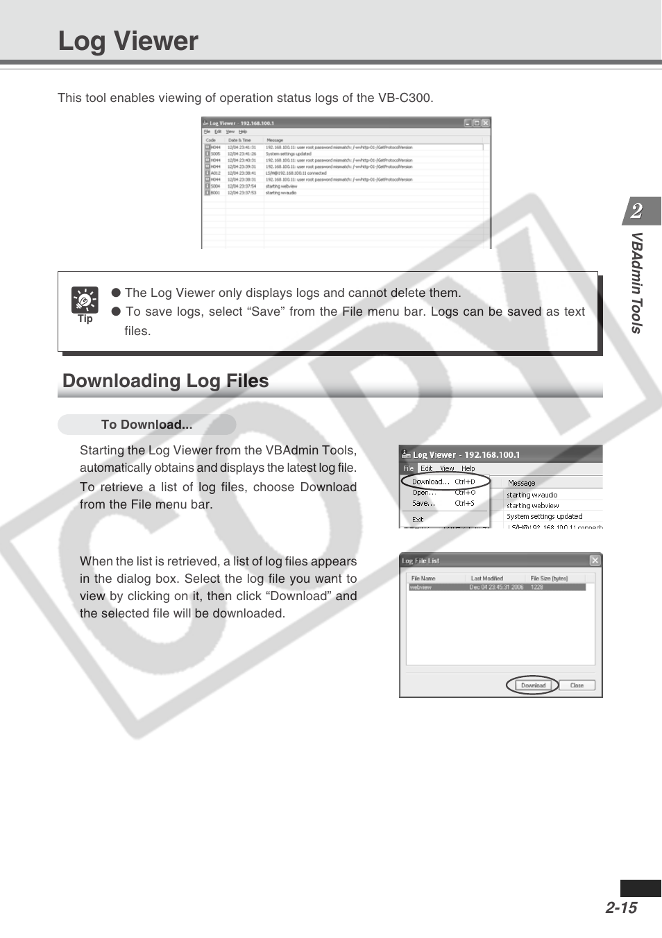 Log viewer, Downloading log files | Canon VB-C300 User Manual | Page 41 / 95