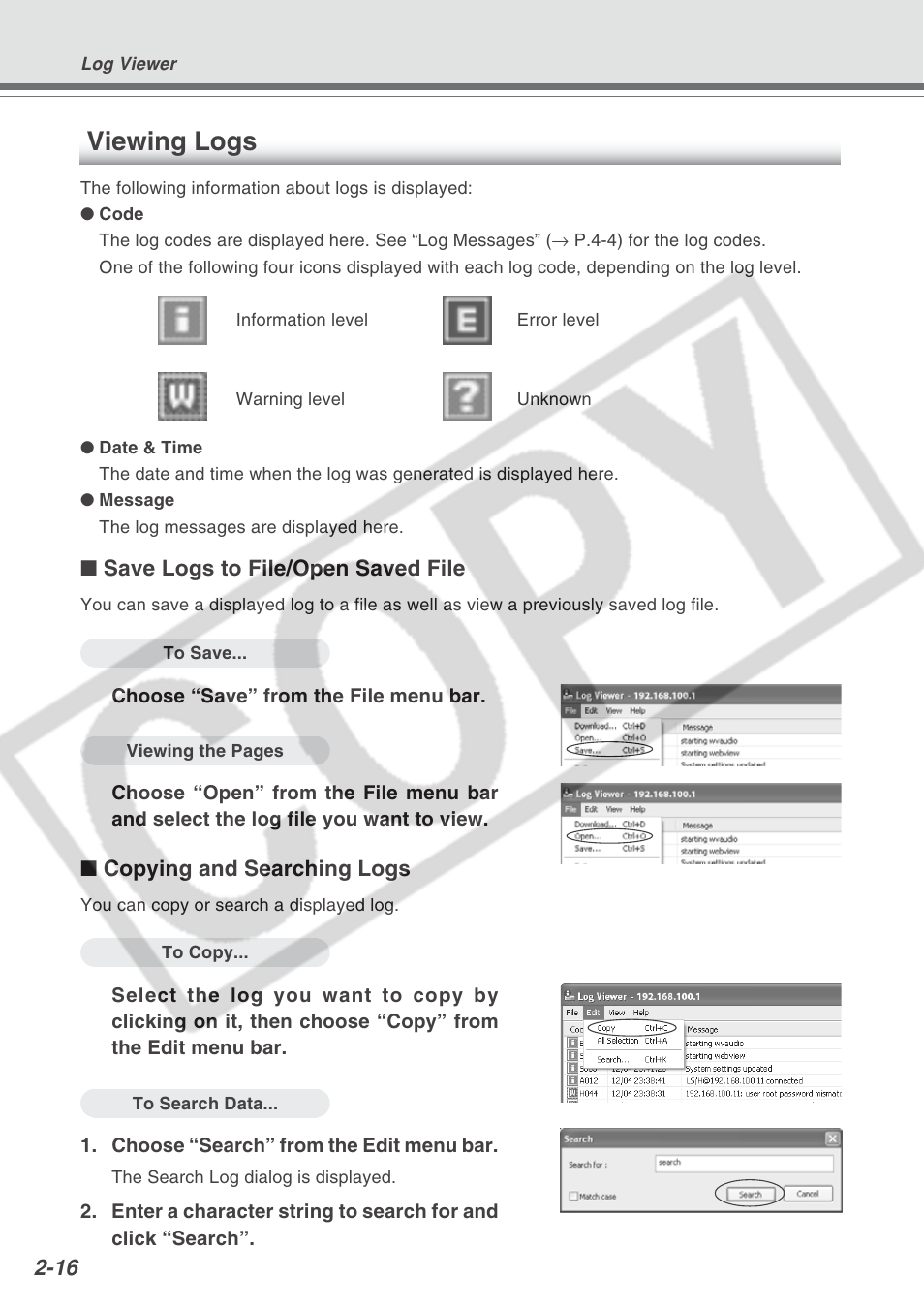 Viewing logs | Canon VB-C300 User Manual | Page 42 / 95