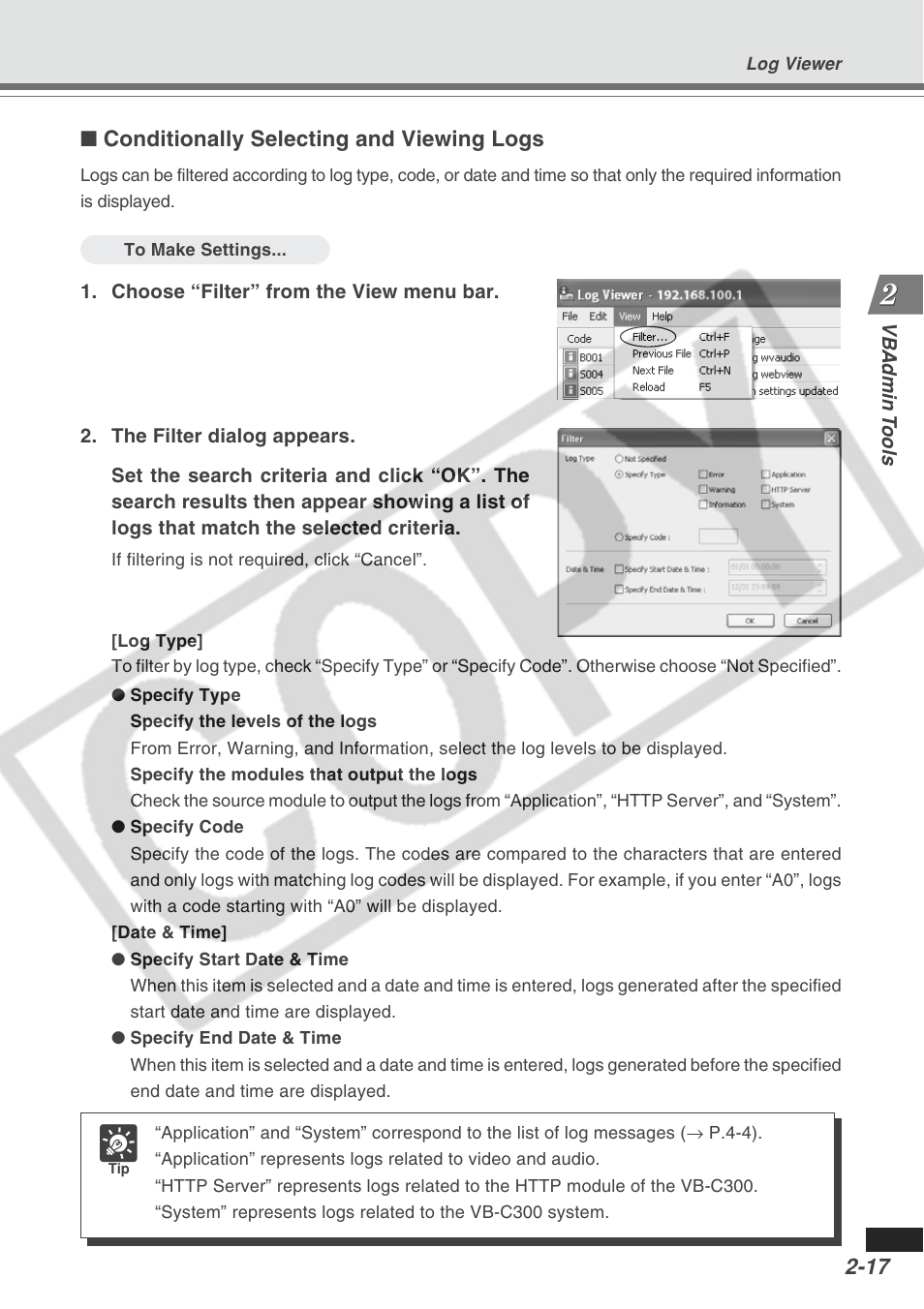 Conditionally selecting and viewing logs | Canon VB-C300 User Manual | Page 43 / 95