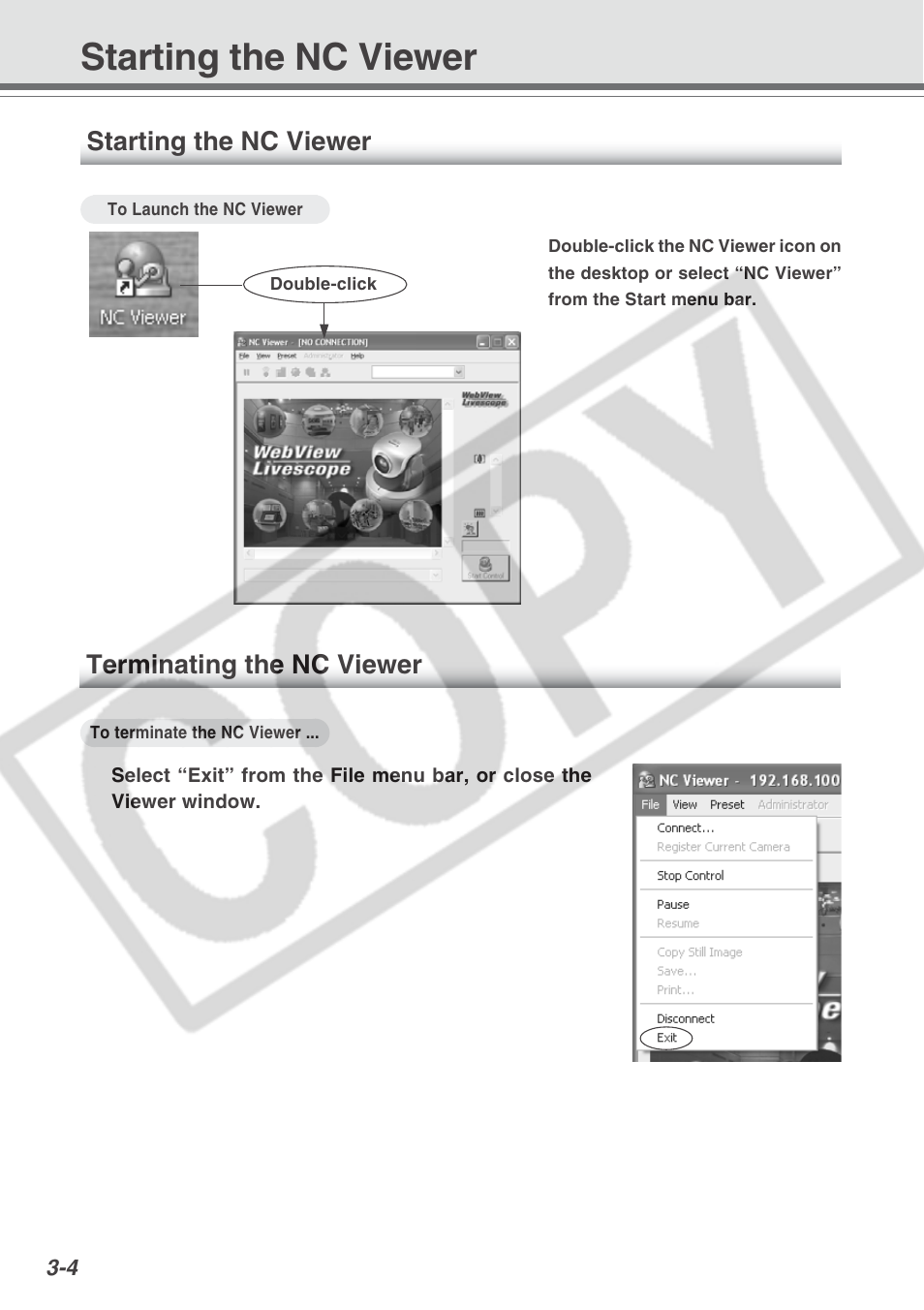 Starting the nc viewer, Terminating the nc viewer | Canon VB-C300 User Manual | Page 48 / 95