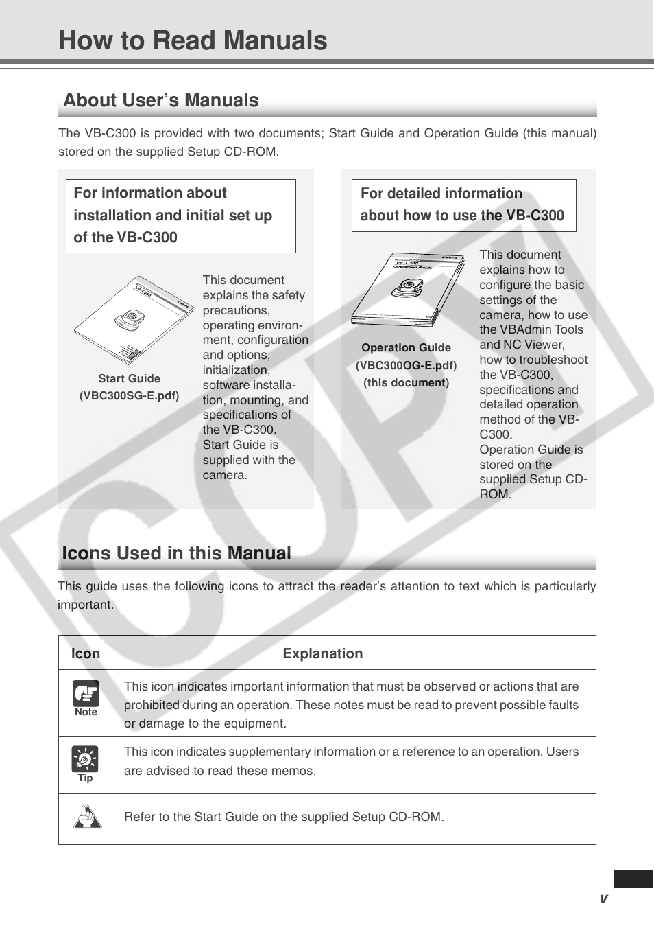 How to read manuals, About user’s manuals, Icons used in this manual | Canon VB-C300 User Manual | Page 5 / 95